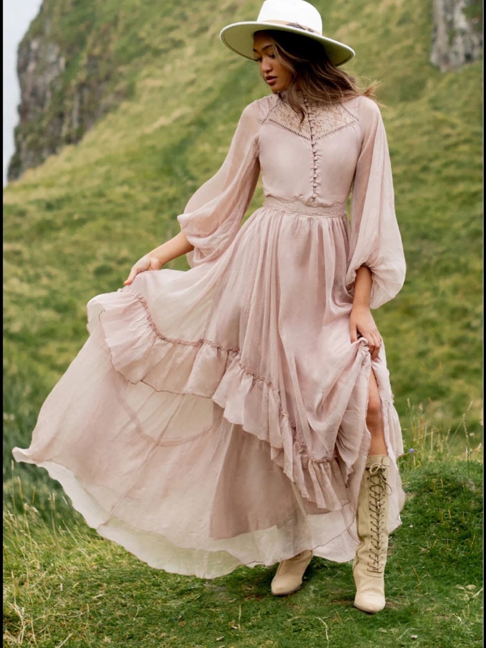 Joyfolie Dusty Blush Maxi Dress with Lace Yoke